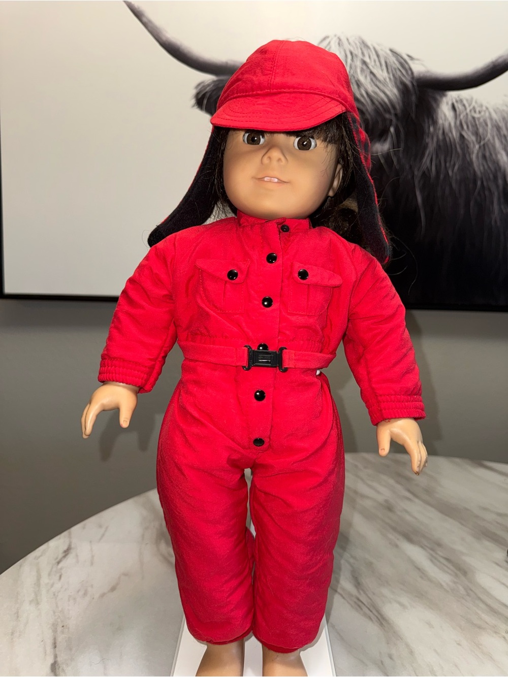 American Girl red snow suite & matching hat with plaid interior Molly’s collecti